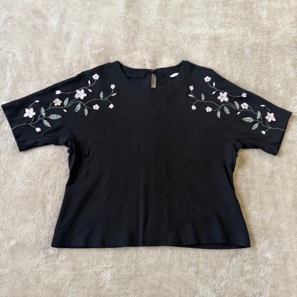 H&M Black Top with Pink Floral Embroidery Size S